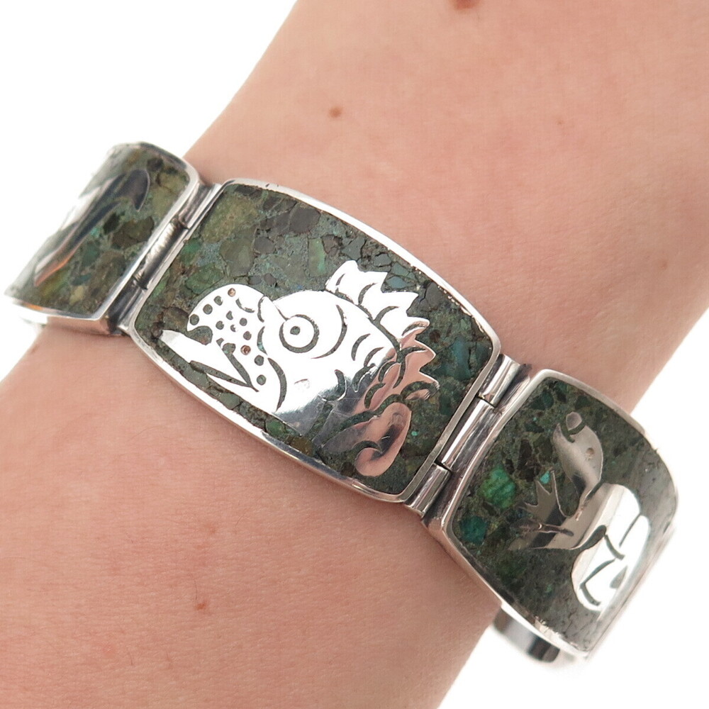 925 Sterling Silver Vintage Mexico Real Azurite Aztec Animals Bracelet 6.75"